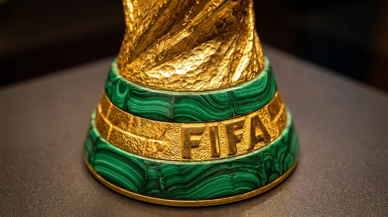 The modern trophy features two bands of green malachite at its base, a stark contrast to the solid gold sculpture above.