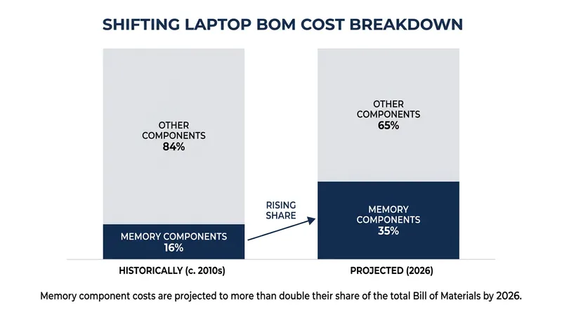 Memory components now account for a significantly larger portion of a laptop's manufacturing cost.