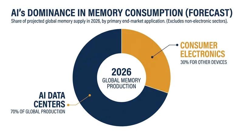 Data centers are projected to consume the vast majority of global memory production in 2026.