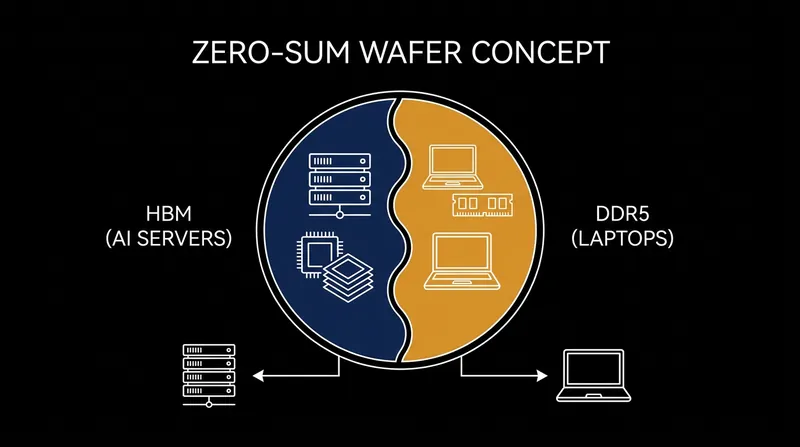 Because High Bandwidth Memory and standard RAM use the same silicon wafers, producing more AI memory means producing less laptop memory.