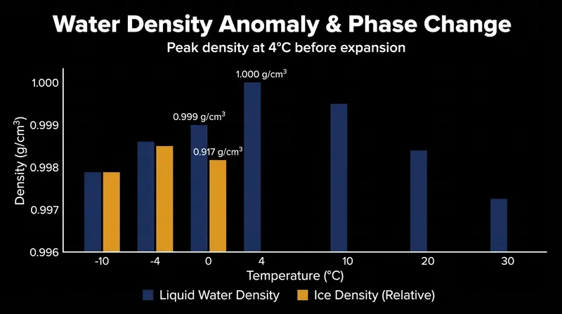 Unlike normal liquids, water reaches its maximum density at 4°C before expanding into ice.