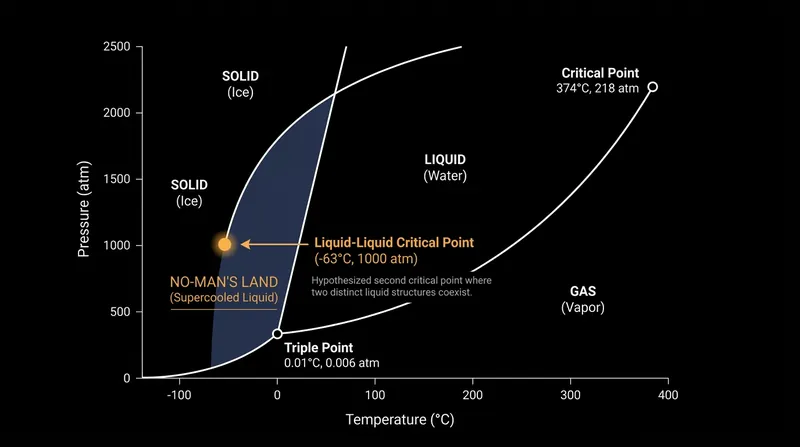 The liquid-liquid critical point occurs deep in the supercooled regime at -63°C and 1,000 atmospheres of pressure.