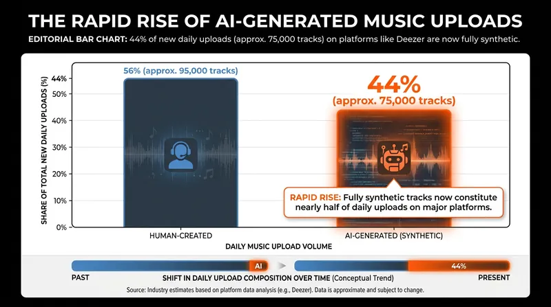 Generative AI tools have caused an unprecedented spike in the volume of daily music uploads.