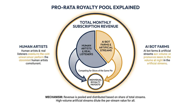 Because streaming services pay from a single shared pool, fake AI streams directly reduce the payouts for legitimate artists.