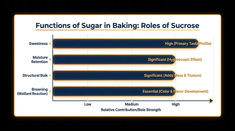 Removing sugar from desserts is technically difficult because it provides essential structure and moisture, not just sweetness.