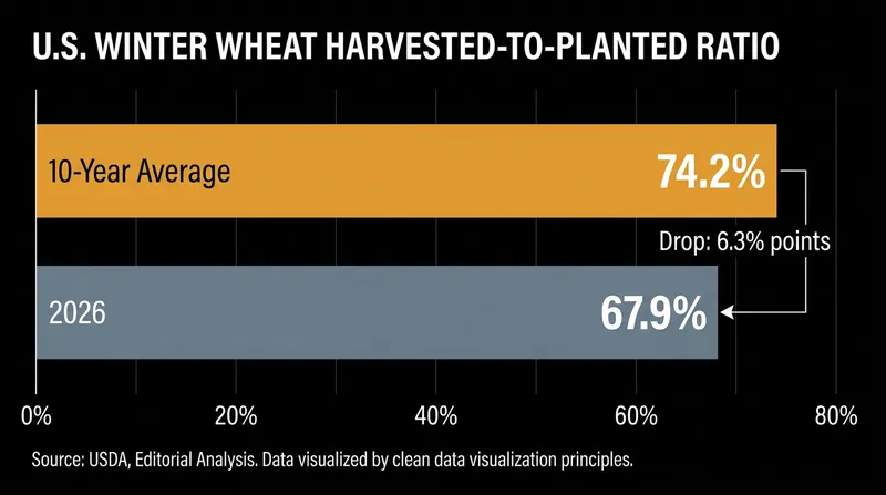 The harvested-to-planted ratio plummeted in 2026 as farmers abandoned drought-stricken fields.