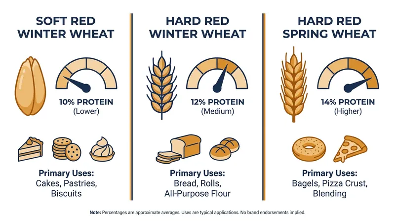 Different classes of wheat are cultivated for specific protein levels and baking applications.