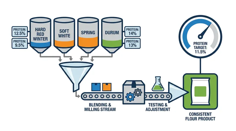Commercial millers blend various wheat classes to ensure consistent protein levels in bread flour.