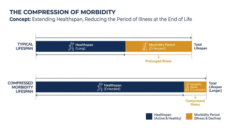 The compression of morbidity occurs when the onset of chronic illness is delayed faster than the overall lifespan is extended.
