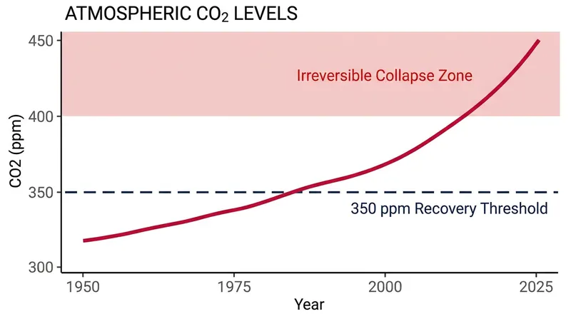 Because current CO2 levels exceed 350 ppm, researchers warn an AMOC collapse would be permanent.