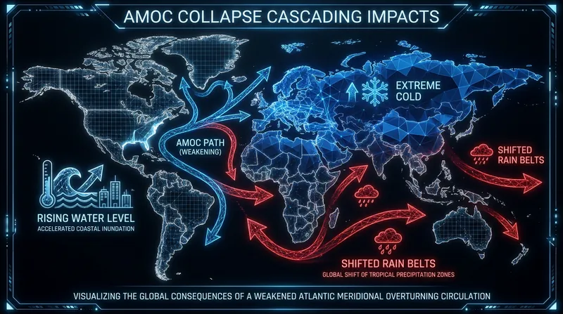A collapsed AMOC would radically redraw global weather patterns, shifting monsoons and plunging Europe into extreme cold.