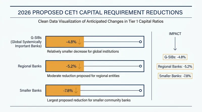Proposed reductions in Common Equity Tier 1 (CET1) capital requirements across bank categories.
