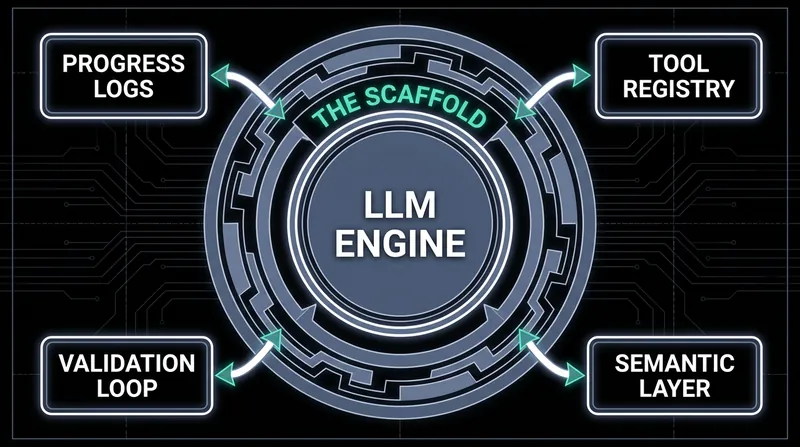 A production-grade scaffold intercepts the model's outputs, manages memory, and enforces strict validation loops.