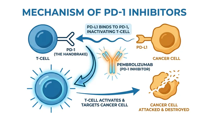PD-1 inhibitors like pembrolizumab work by releasing the 'handbrake' that cancer cells use to hide from the immune system.