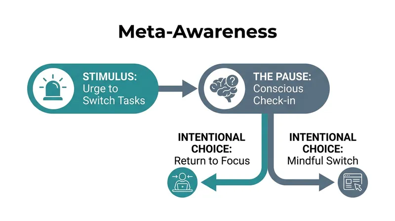 Meta-awareness allows individuals to interrupt the dopamine loop and consciously redirect their attention.