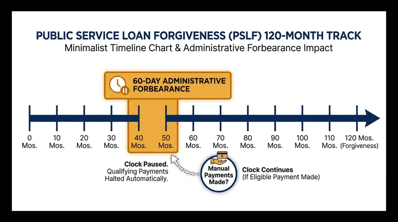 The mandatory administrative forbearance pauses the PSLF clock, requiring borrowers to make manual payments if they wish to stay on schedule.