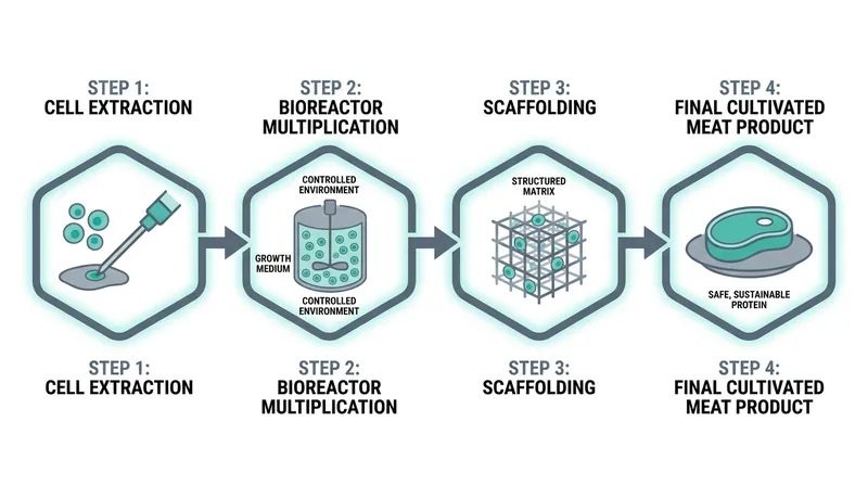 The mechanism of cellular agriculture relies on nutrient-rich media and plant-based scaffolding to turn extracted cells into textured meat.