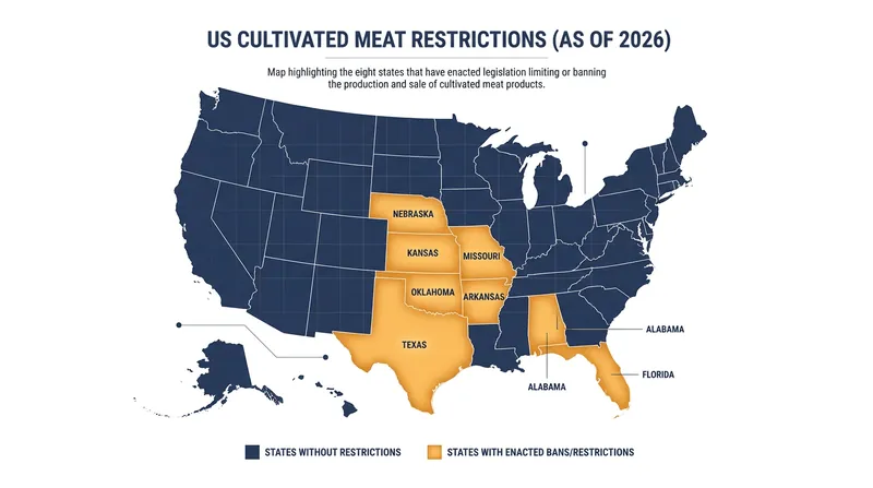 By 2026, eight U.S. states had enacted legislation banning or severely restricting the sale of cultivated meat.