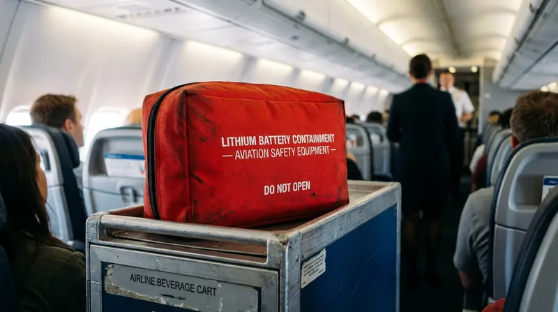 Flight crews use specialized thermal containment bags to safely isolate overheating devices in the cabin.