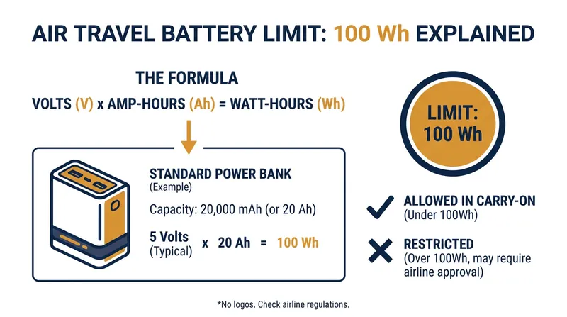 How to calculate if your power bank meets the 100Wh limit for unapproved carry-on travel.