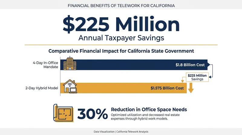 The California State Auditor estimates that maintaining a hybrid telework model could save the state $225 million annually in real estate and overhead costs.