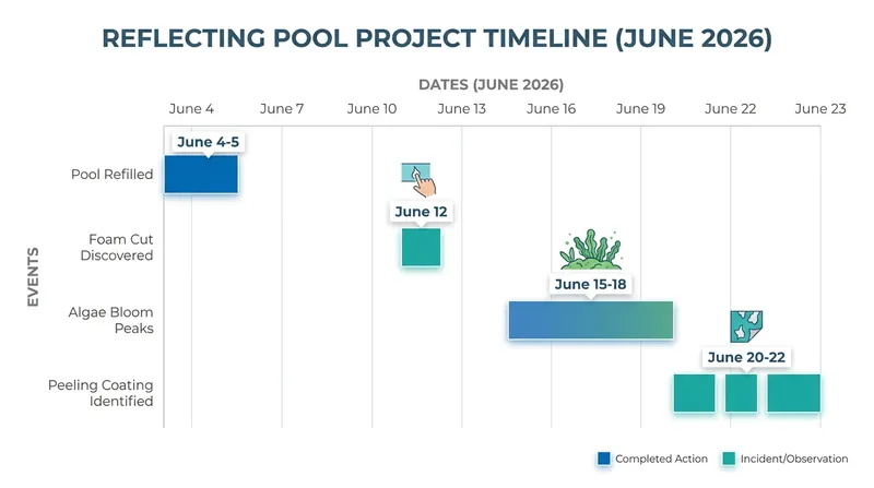 The timeline of the pool's deterioration shows that widespread peeling was identified days after the isolated foam cuts were reported.
