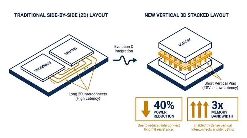 Vertical stacking drastically reduces the distance data must travel, saving power and boosting speed.