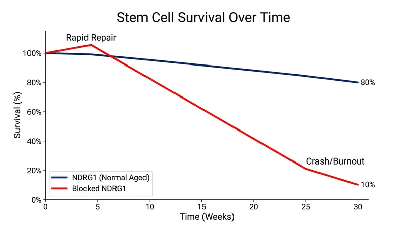When researchers blocked NDRG1, stem cells repaired tissue rapidly but quickly exhausted themselves after repeated injuries.