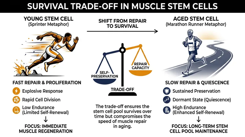 The survival trade-off forces older stem cells to act like marathon runners, prioritizing long-term endurance over rapid repair.