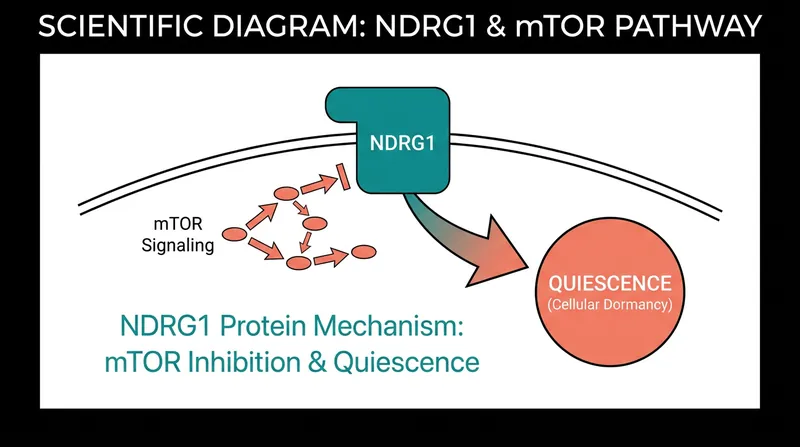 The NDRG1 protein acts as a chemical brake on the mTOR pathway, keeping stem cells in a deep state of rest to prevent burnout.