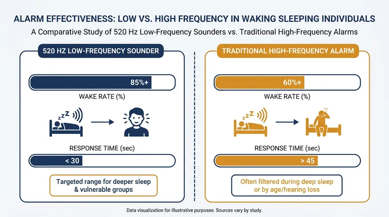 Low-frequency 520 Hz sounders are significantly more effective at waking sleeping occupants, especially those with hearing impairments.