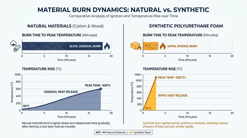 Modern synthetic furniture burns significantly faster and hotter than legacy natural materials, requiring faster detection algorithms.