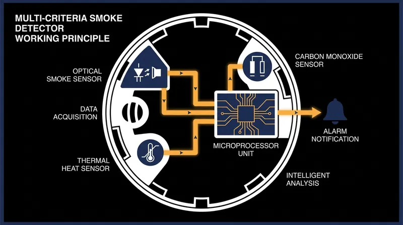 Multi-criteria detectors analyze particle size, temperature rise, and gas presence simultaneously to confirm a fire.