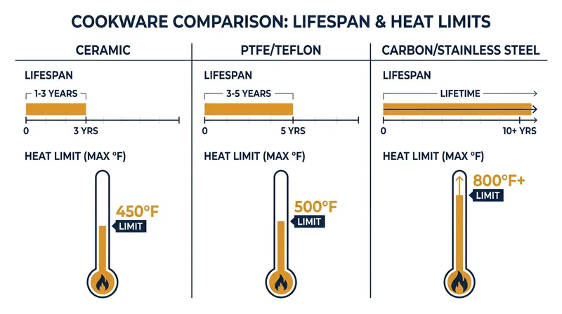 Comparing the lifespan and temperature limits of the primary cookware materials.