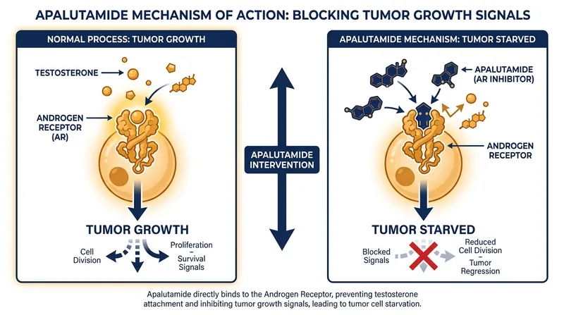 How apalutamide blocks androgen receptors to starve prostate cancer cells.