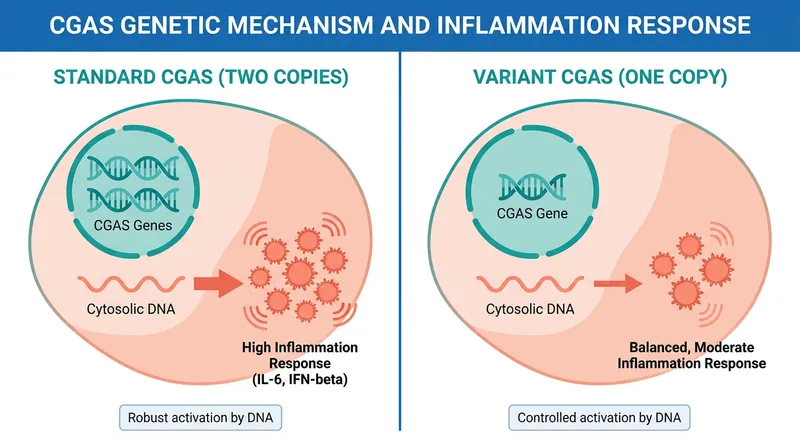 The CGAS variant acts as a dampened cellular alarm system, reducing the chronic inflammation that drives aging.
