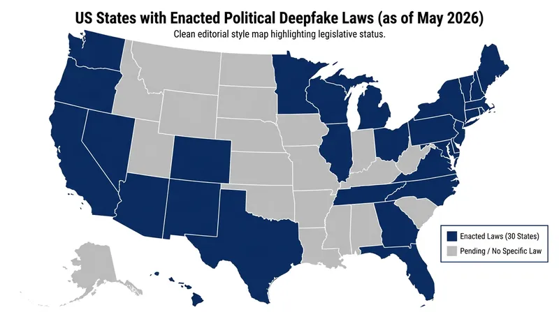 As of May 2026, 30 U.S. states have enacted legislation to regulate AI-generated political deepfakes.