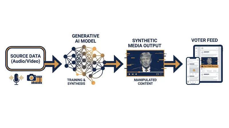 How generative AI models synthesize source data to create convincing political deepfakes.