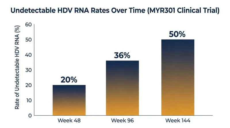 The MYR301 Phase 3 trial demonstrated that viral suppression deepens significantly over 144 weeks of continuous treatment.