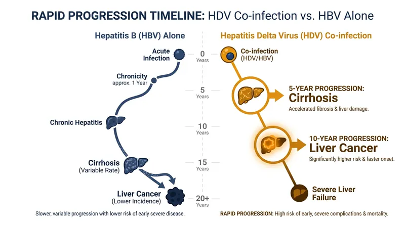 HDV coinfection acts as a biological accelerant, driving patients toward cirrhosis in an average of five years.