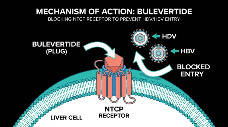 Bulevirtide acts as an entry inhibitor, physically blocking the NTCP receptor to prevent the virus from penetrating liver cells.