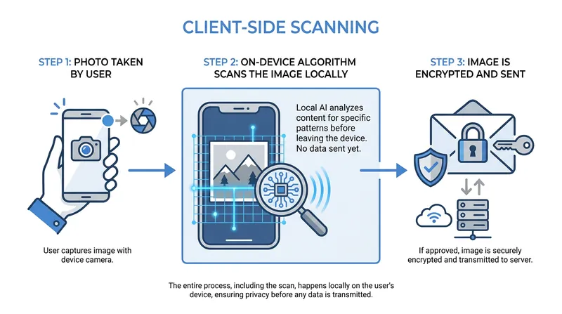 Client-side scanning inspects files directly on the device before they are encrypted and transmitted.