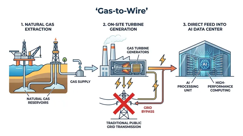 The gas-to-wire model allows tech companies to secure immediate power without waiting years for grid interconnection.