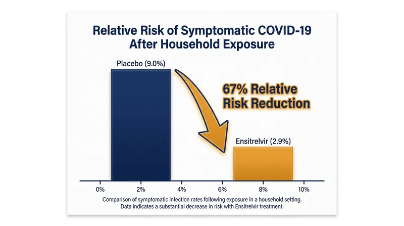 In the Phase 3 SCORPIO-PEP trial, participants taking ensitrelvir were 67% less likely to develop symptomatic COVID-19 compared to those on a placebo.