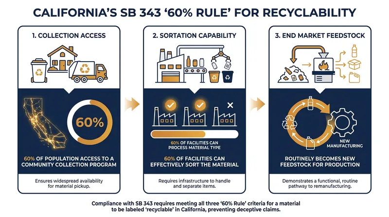 To qualify as recyclable under SB 343, a material must meet strict real-world thresholds.