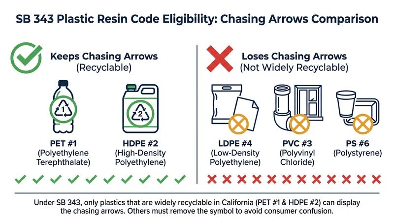 While rigid bottles will likely keep the symbol, flexible films and styrofoam will be legally required to remove it.