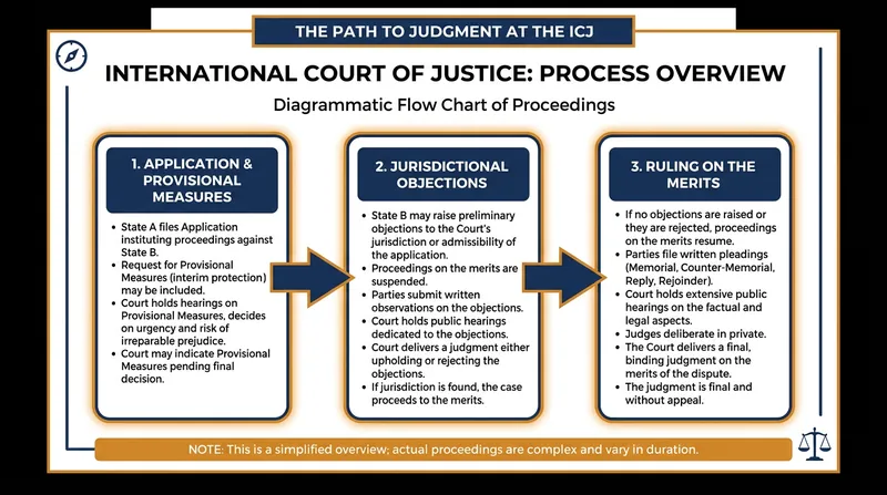The ICJ process requires establishing jurisdiction before the court can rule on the merits of the allegations.