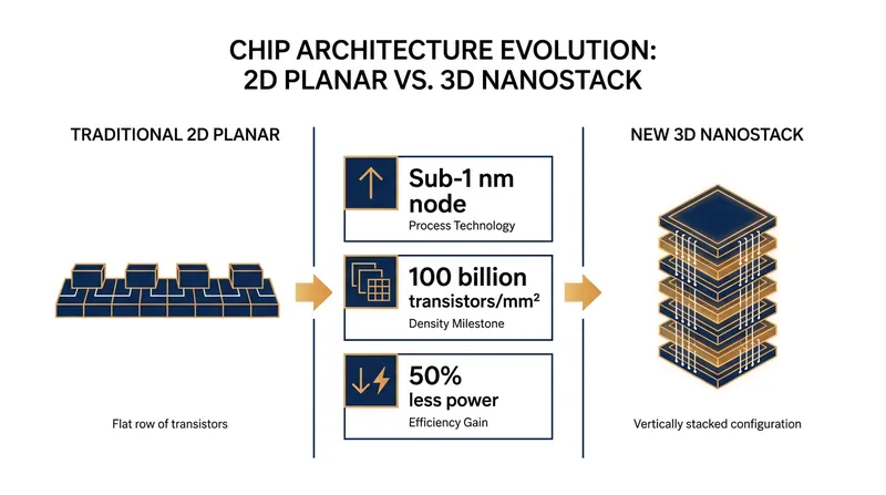By stacking N-type and P-type transistors vertically, Nanostack circumvents the physical limits of 2D silicon.