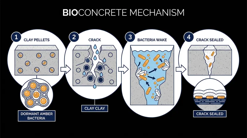 The biological healing cycle activates only when water enters a fissure, waking the dormant Bacillus spores.