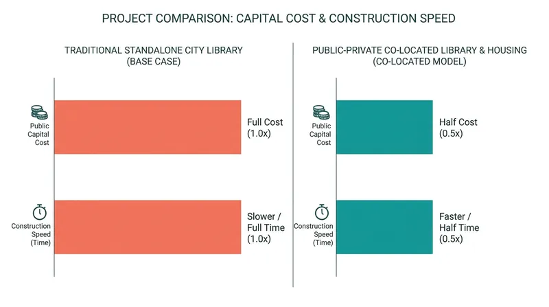 Co-locating libraries with private housing developments significantly reduces both the cost and timeline for the city.